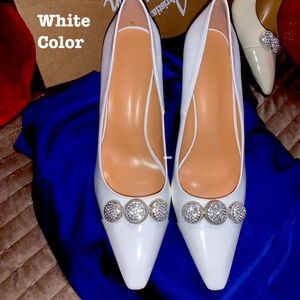 Customized Red Bottomed Elegant White Heels with Crystal Embellishments